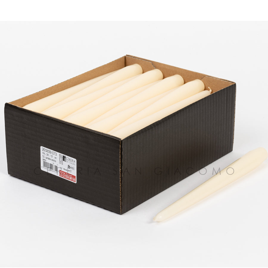 Cream conical candles Ø25 mm. h 250 mm. duration 8 hours box of 50